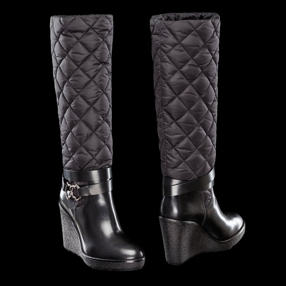 Moncler New Cernobbio Black Quilted Leather Wedge Boots